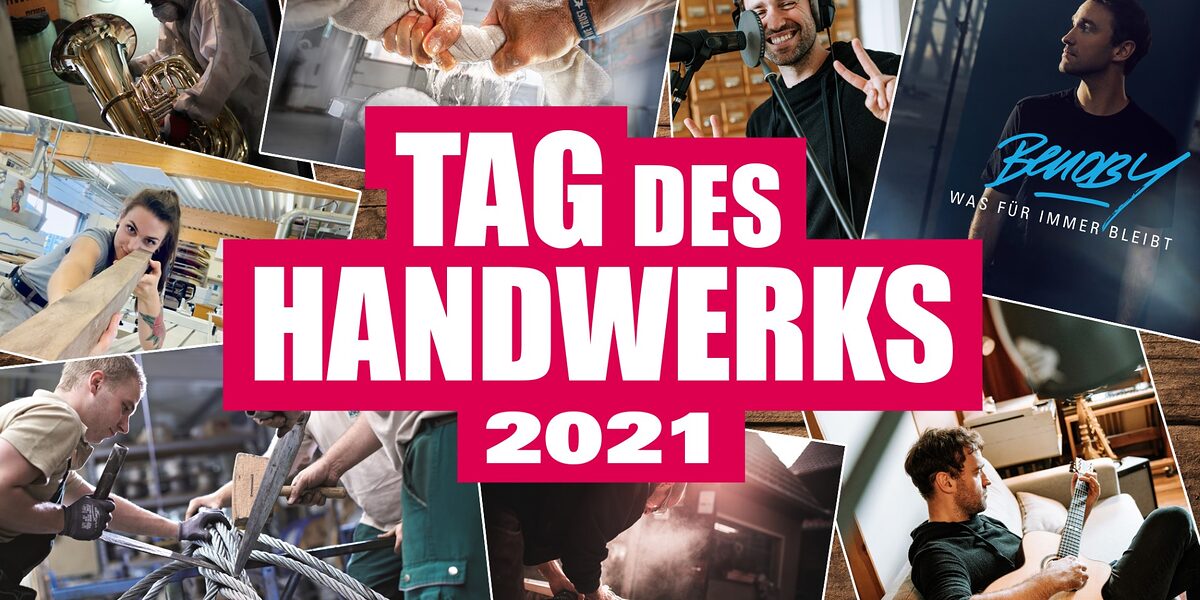 Collage mit verschiedenen Handwerkerinnen und Handwerkern. In der Mitte das Aktionslogo zu Tag des Handwerks. Tag des Handwerks 2021