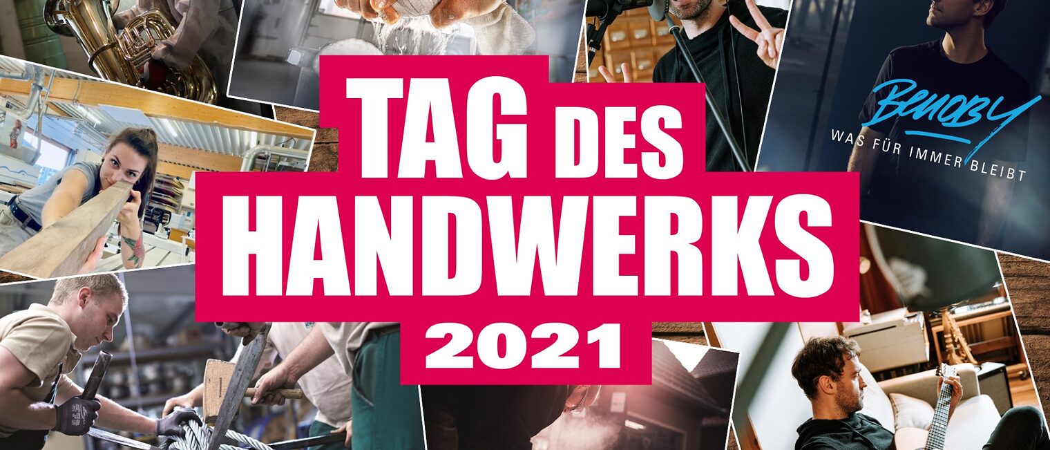 Collage mit verschiedenen Handwerkerinnen und Handwerkern. In der Mitte das Aktionslogo zu Tag des Handwerks. Tag des Handwerks 2021