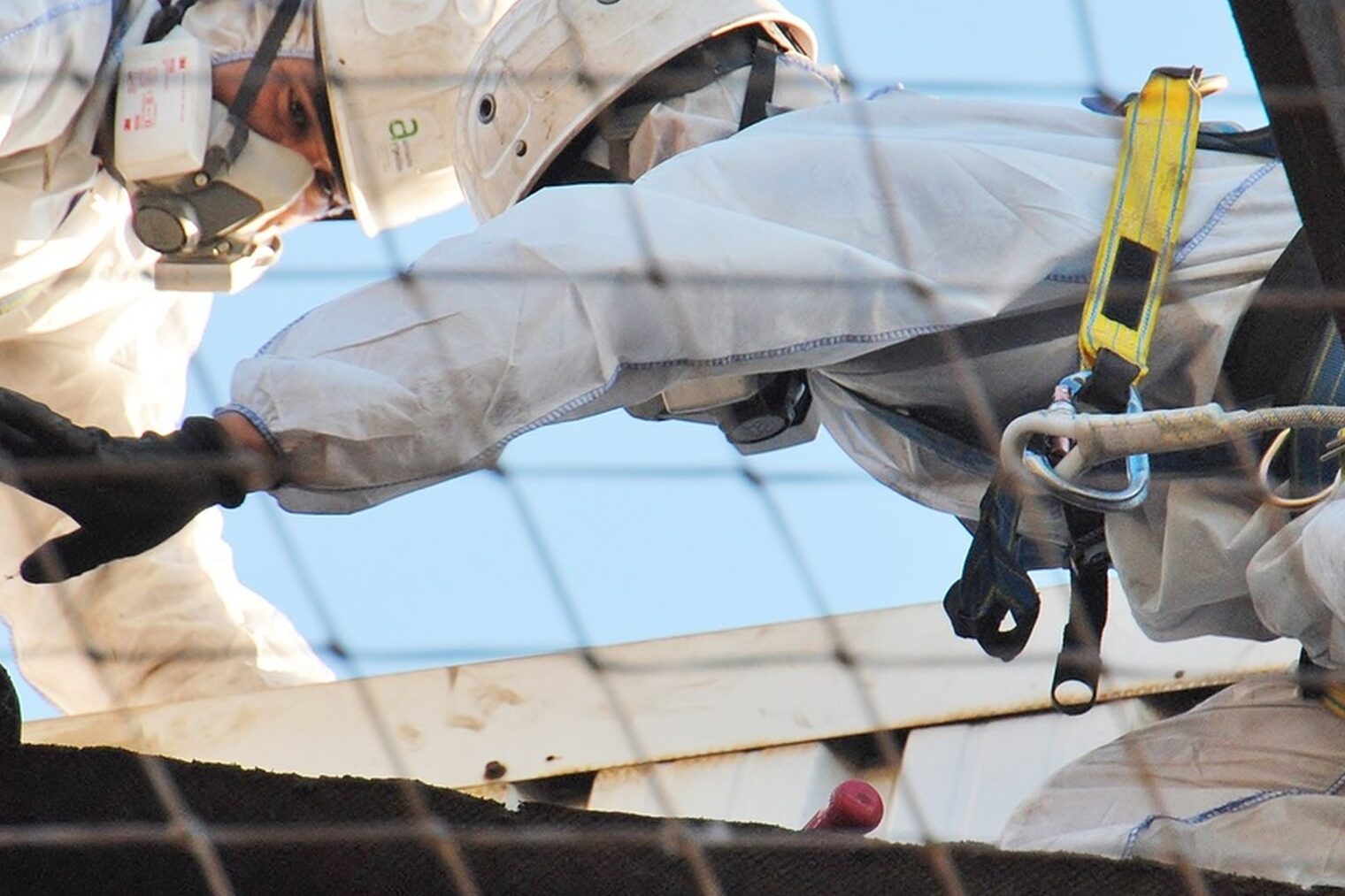 amianto, tejado, trabajador mascara, desamiantado, ropa protectora, contaminacin, fibrocemento, cncer, enfermedad profesional, trabajo peligroso, residuo peligroso, contaminado, peligro, construccin, demolicin, seguridad, horizontal, exterior, arriesgado, peligroso, carcingeno, nocivo, perjudicial, polucin, trabajando, proteccin, industria, asbest