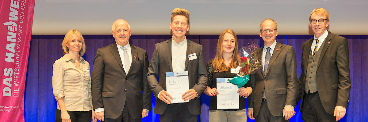 Die Landessieger des Leistungswettbewerbs machen sich nun auf in Richtung Münster. (v.l.n.r.: Regine Dinges, Joachim Wohlfeil, Fabian Böckeler, Lena Burkart, Rainer Reichold, Harald Herrmann). Landessieger Karlsruhe 2016 PLW