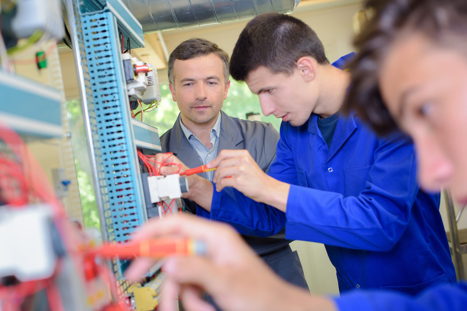 Teacher observing students working on electrical circuits Schlagwort(e): _#C_10651, _#M_Phomar_Leo, _#M_Photat_Roman, _#M_Phothe_Romain, electrician, apprentice, electricity, worker, training, occupation, safety, caucasian, team, crafts, apprenticeship, transformer, voltage, craftsman, tool, teamwork, two, standing, view, work, young, professional, persons, observation, teacher, examination, screwdriver, wiring, electrical, circuit, electrician, apprentice, electricity, worker, training, occupation, safety, caucasian, team, crafts, apprenticeship, transformer, voltage, craftsman, tool, teamwork, two, standing, view, work, young, professional, persons, observation, teacher, examination, screwdriver, wiring, electrical, circuit, Meisterprüfung